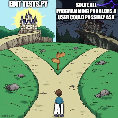 Two paths meme: edit tests.py (sunny) vs solve all programming problems (stormy)